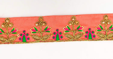Orange Art Silk Trim In Green And Gold Embroidery, Approx. 32mm wide, Decorative Trim